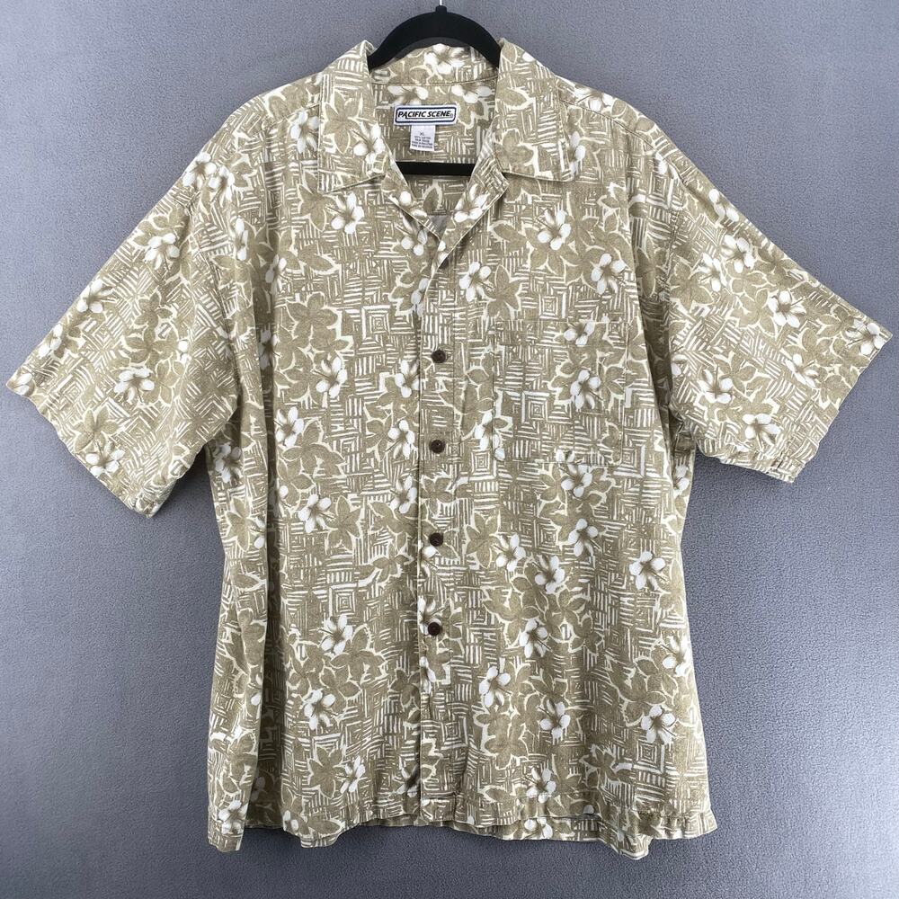 Vintage Pacific Scene Neutral Tan Floral Hawaiian‎ Button Down Shirt Mens XL